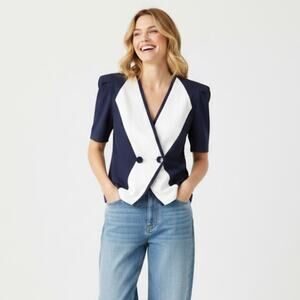 Vintage 80s Art Deco Button Front Blouse Nautical Navy Womens 10 Mid Century